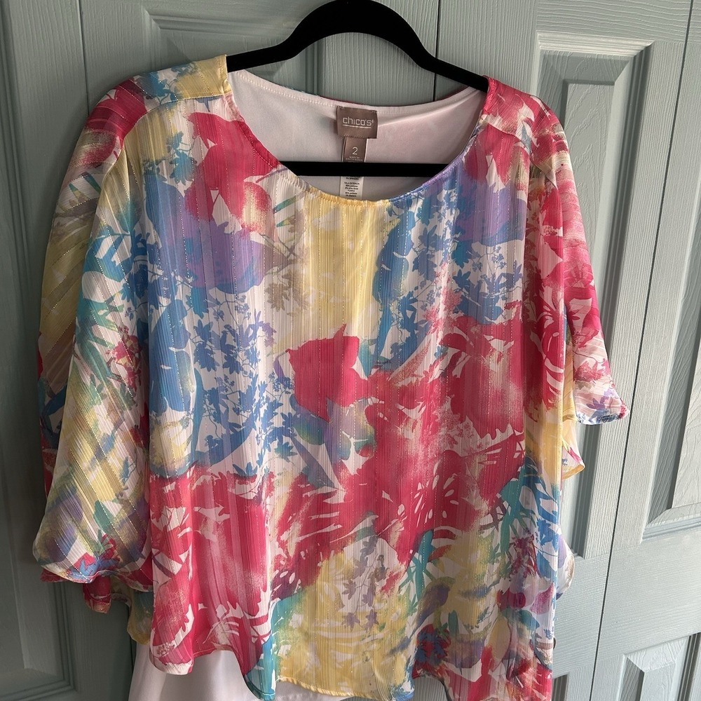 Chicos Tropical Floral Pink Blouse Size 2 US Large Flowy Spring Short Sleeve - Picture 2 of 13